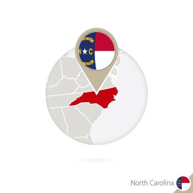 North Carolina US State map and flag in circle. Map of North Carolina.