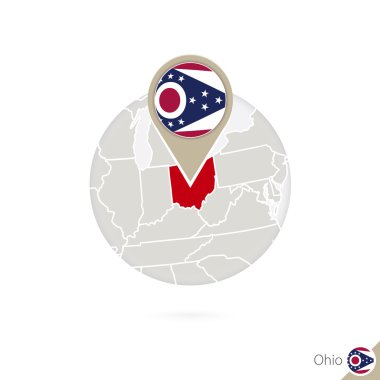 Ohio Abd Eyaleti haritası ve bayrak daire içinde. Ohio Haritası, Ohio bayrak pimini.