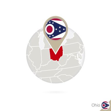 Ohio US State map and flag in circle. Map of Ohio, Ohio flag pin. clipart