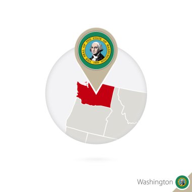 Washington US State map and flag in circle. Map of Washington.