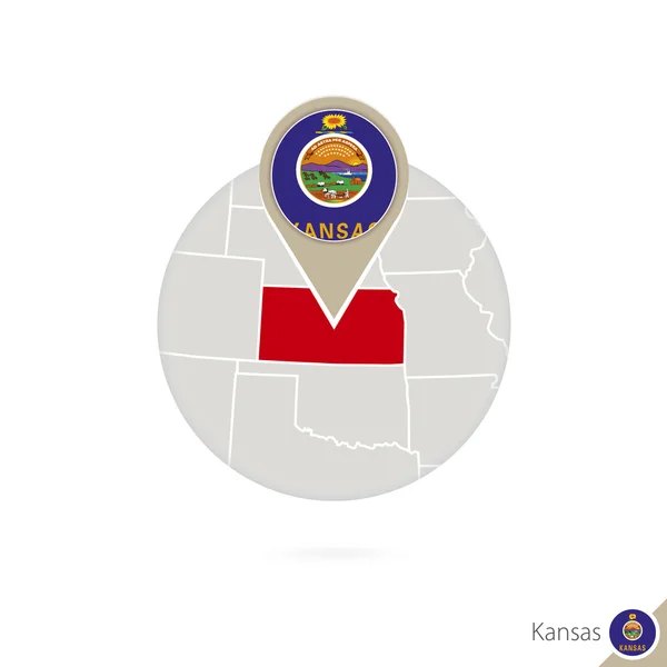 Mapa do estado do Kansas EUA e bandeira em círculo. O mapa de Kansas . — Vetor de Stock