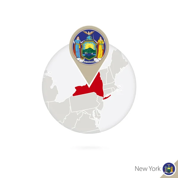 Mapa stanu Nowy Jork i flaga w okręgu. Mapa Nowego Jorku. — Wektor stockowy