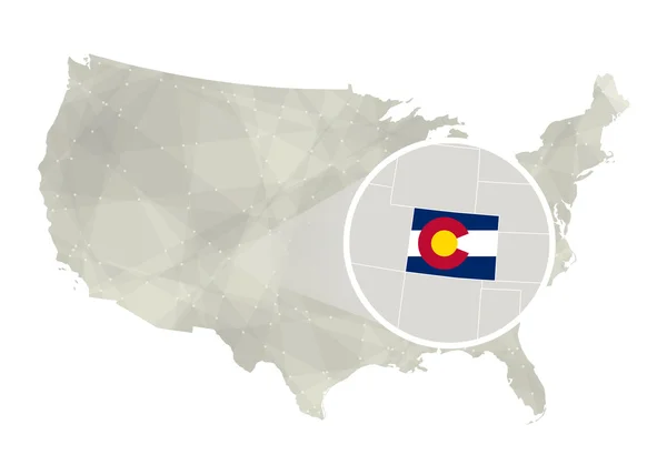 Polygonal abstrakt Usa karta med förstorade Colorado state. — Stock vektor