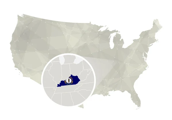 Mapa poligonal abstracto de EE.UU. con el estado de Kentucky magnificado . — Vector de stock