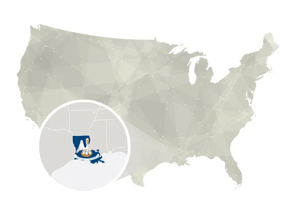 Veelhoekige abstracte kaart van de Verenigde Staten met vergrote Louisiana State. — Stockvector