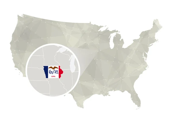 Mapa poligonal abstracto de EE.UU. con el estado de Iowa magnificado . — Vector de stock