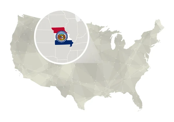 Mapa poligonal abstrato EUA com estado de Missouri ampliado . — Vetor de Stock