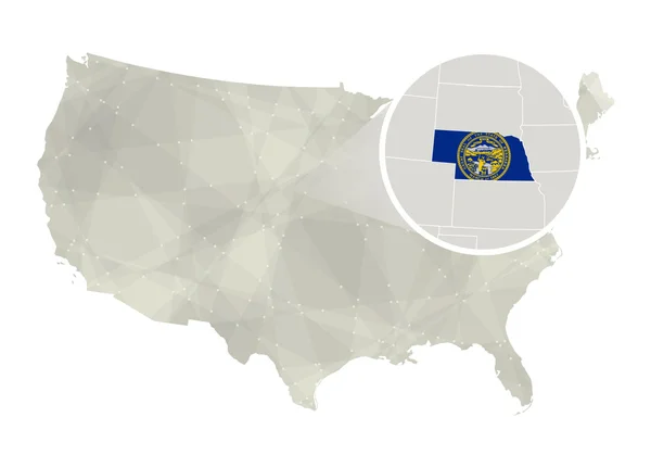 Polygonální abstrakt USA mapa s zvětšeným státem Nebraska. — Stockový vektor