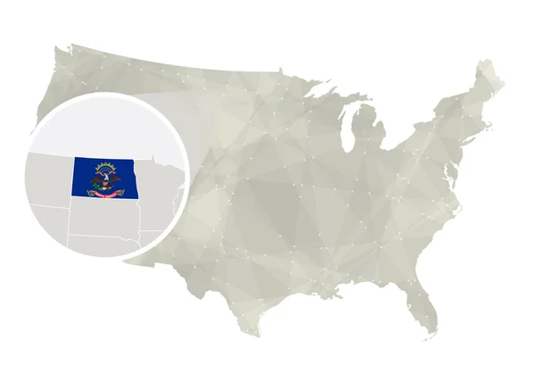 Mapa poligonal abstracto de Estados Unidos con el estado de Dakota del Norte magnificado . — Vector de stock