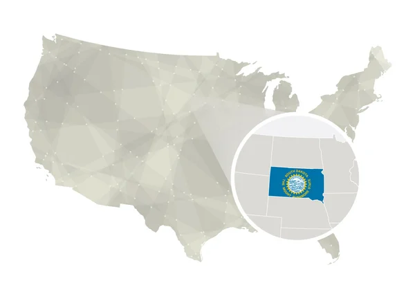 Veelhoekige abstracte USA kaart met vergrote South Dakota State. — Stockvector