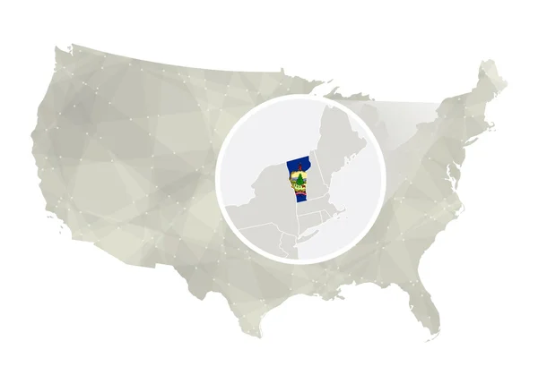 Mapa poligonal abstracto de Estados Unidos con el estado de Vermont magnificado . — Vector de stock