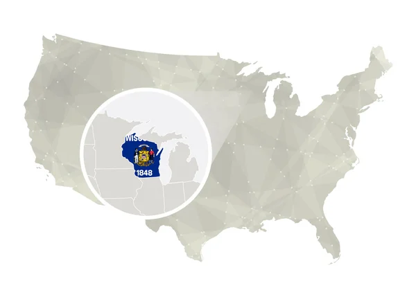 Mapa poligonal abstracto de Estados Unidos con estado de Wisconsin magnificado . — Vector de stock