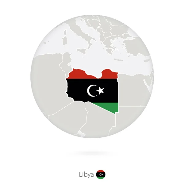 Mapa de Libia y bandera nacional en círculo . — Archivo Imágenes Vectoriales