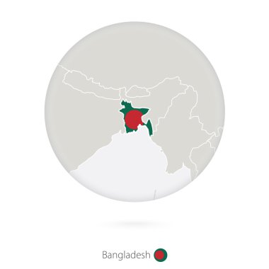 Bir daire içinde ulusal bayrak ve Bangladeş Haritası.