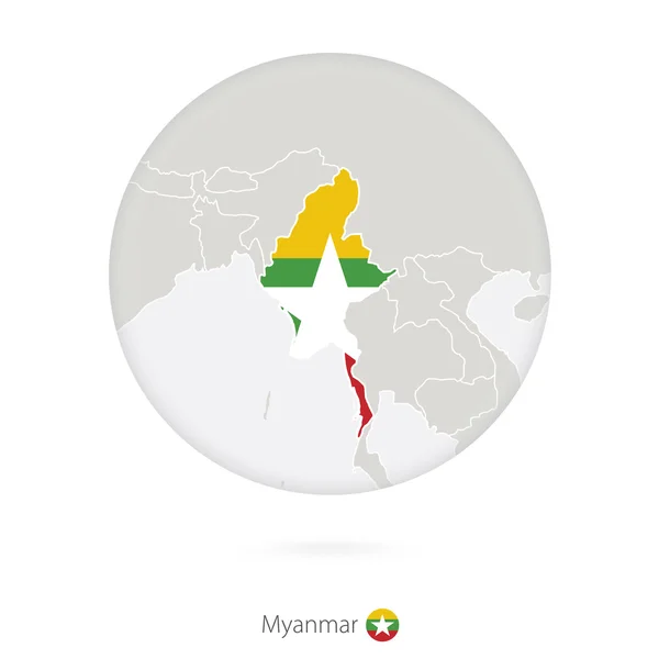 Карта Мьянмы и национальный флаг в круге . — стоковый вектор