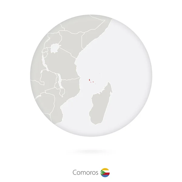 Mapa de Comoras y bandera nacional en círculo . — Vector de stock