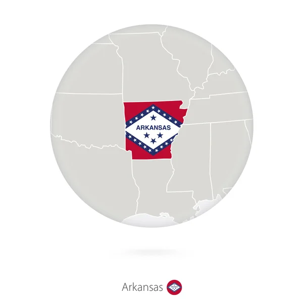 Karta över Arkansas State och flaggan i en cirkel. — Stock vektor