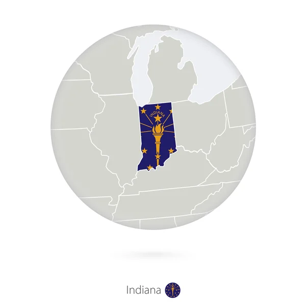 Χάρτης του κράτους Ιντιάνα και σημαία σε κύκλο. — Διανυσματικό Αρχείο