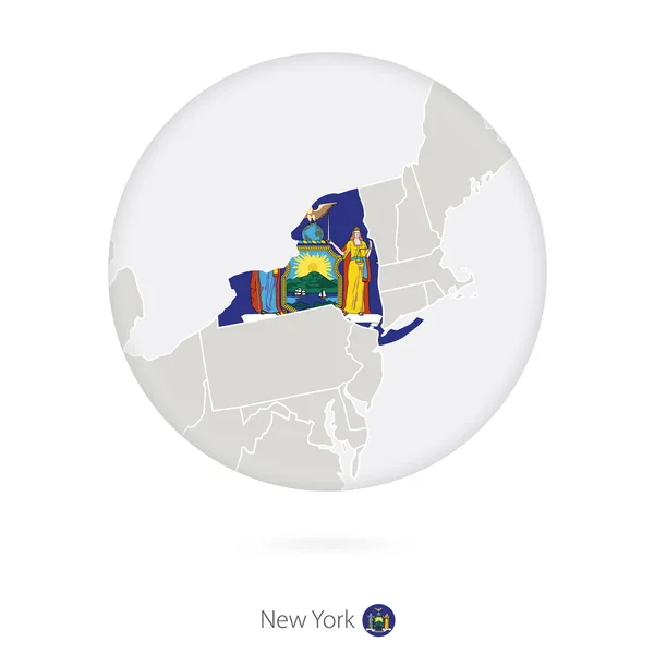 Mappa dello Stato di New York e bandiera in cerchio . — Vettoriale Stock