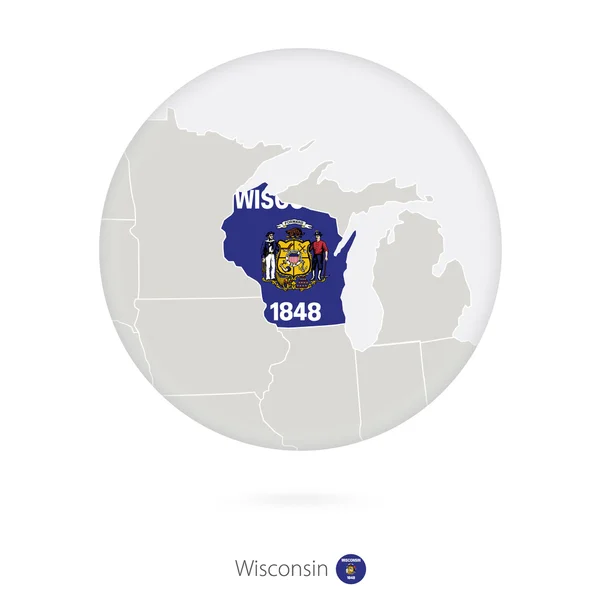 Mapa de Wisconsin Estado y bandera en un círculo . — Vector de stock