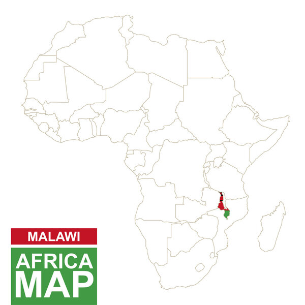 Africa contoured map with highlighted Malawi.