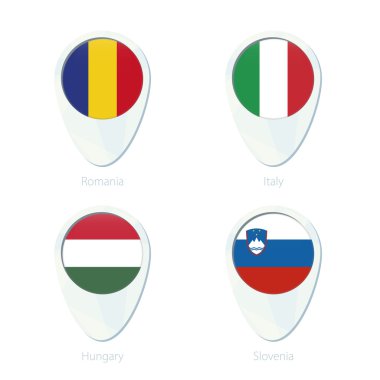Romanya, İtalya, Macaristan, Slovenya bayrağı konumu harita PIN simgesi. 