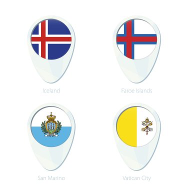 İzlanda, Faroe Adaları, San Marino, Vatikan bayrağı konumu harita PIN simgesi. 