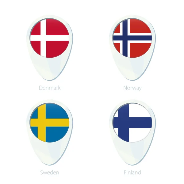Dinamarca, Noruega, Suécia, Finlândia ícone de pino de mapa de localização da bandeira . —  Vetores de Stock