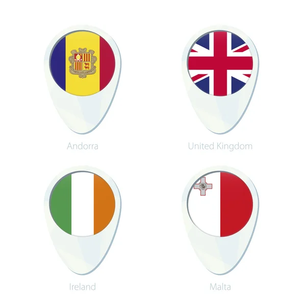 Andorra, Reino Unido, Irlanda, Malta flag location map pin icon . — Vetor de Stock