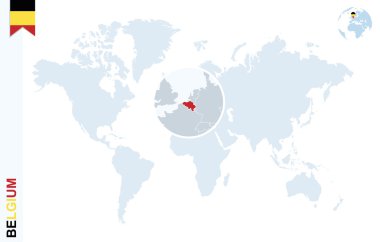 Belçika üzerinde büyüteç ile mavi Dünya Haritası.