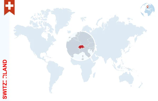 Modrý svět mapa s lupy na Švýcarsko. — Stockový vektor