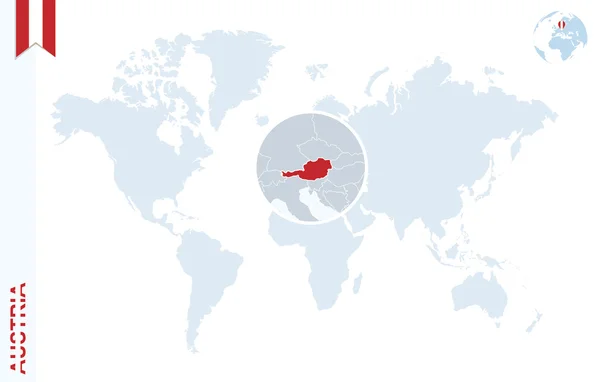 Avusturya üzerinde büyüteç ile mavi Dünya Haritası. — Stok Vektör