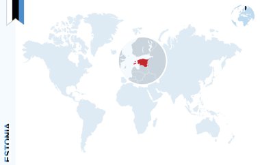 Estonya üzerinde büyüteç ile mavi Dünya Haritası.