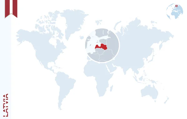 Blauwe wereldkaart met vergroting op Letland. — Stockvector