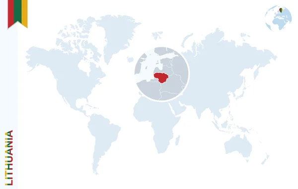 Blauwe wereldkaart met vergrootglas over Litouwen. — Stockvector
