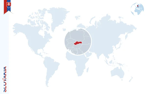 Mapa del mundo azul con magnificación en Eslovaquia . — Vector de stock