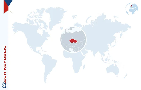 Mapa del mundo azul con magnificación en República Checa . — Vector de stock