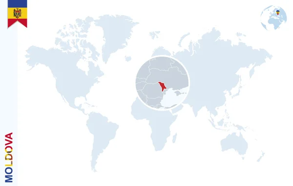 Mapa świata niebieski z powiększającym na Mołdawii. — Wektor stockowy