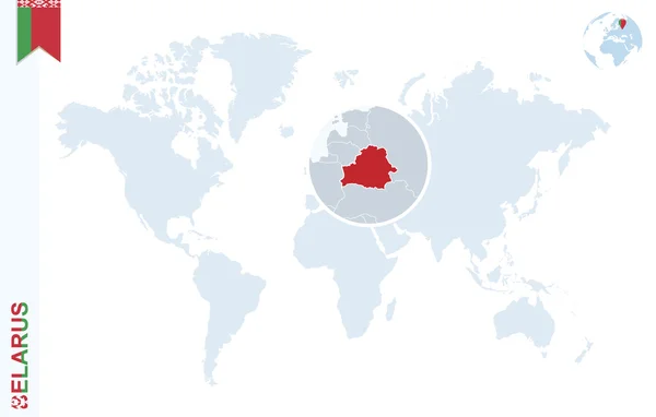 Mapa del mundo azul con magnificación en Bielorrusia . — Vector de stock