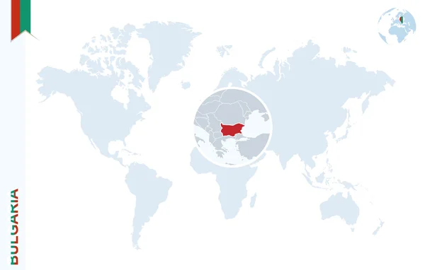 Mapa świata niebieski z lupą w Bułgarii. — Wektor stockowy