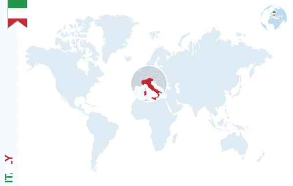 Modrý svět mapa s lupy na Itálii. — Stockový vektor