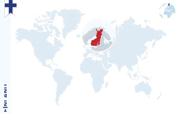 Modrý svět mapa s lupy na Finsko. — Stockový vektor