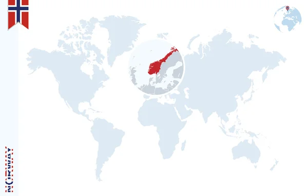 Modrý svět mapa s lupy na Norsko. — Stockový vektor