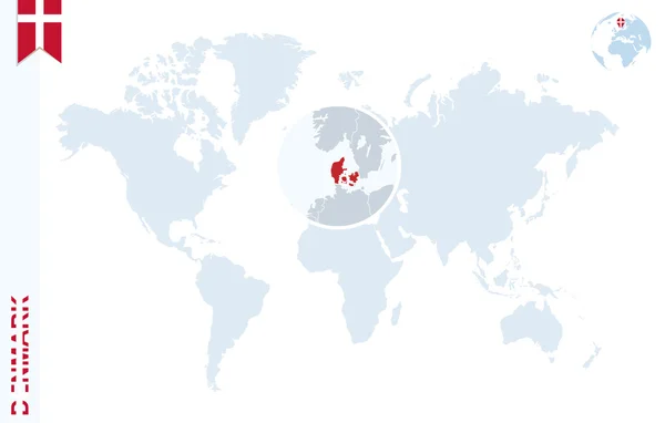 Mapa do mundo azul com ampliação na Dinamarca . — Vetor de Stock