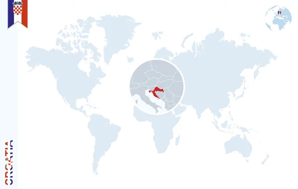 Mapa świata niebieski z powiększającym na Chorwacji. — Wektor stockowy