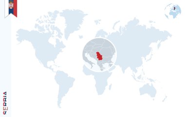 Sırbistan üzerinde büyüteç ile mavi Dünya Haritası.