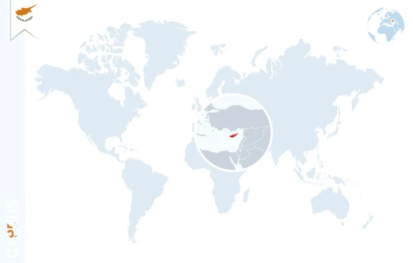 Mapa del mundo azul con magnificación en Chipre . — Vector de stock