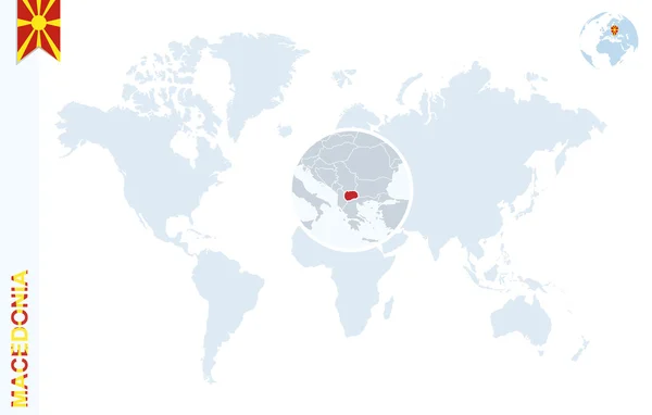 Kék világ Térkép-val a Macedónia nagyító. — Stock Vector