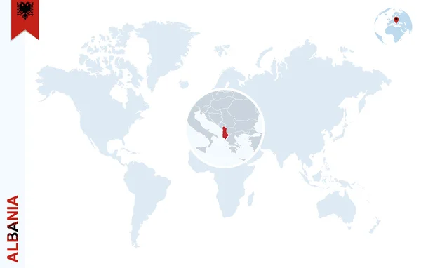 Mapa świata niebieski z lupą w Albanii. — Wektor stockowy