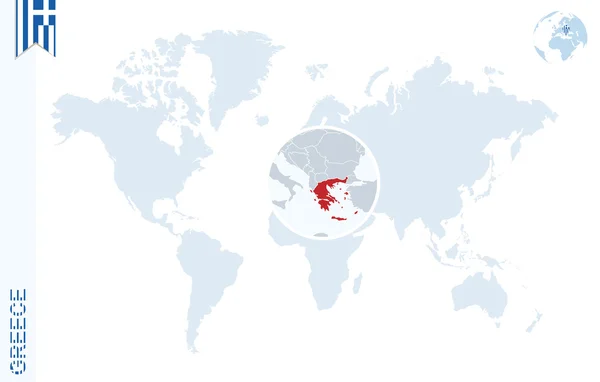 Modrý svět mapa s lupy na Řecko. — Stockový vektor